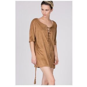 Pol Faux Suede Drawstring Top In Camel